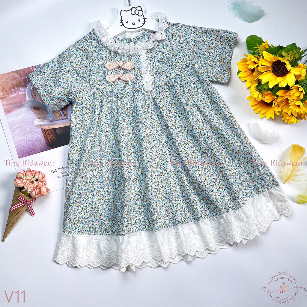 Váy Đầm Hoa Nhí Xanh Cổ Lệch Phối Ren Cho Bé Gái Từ 12-18kg [V11]