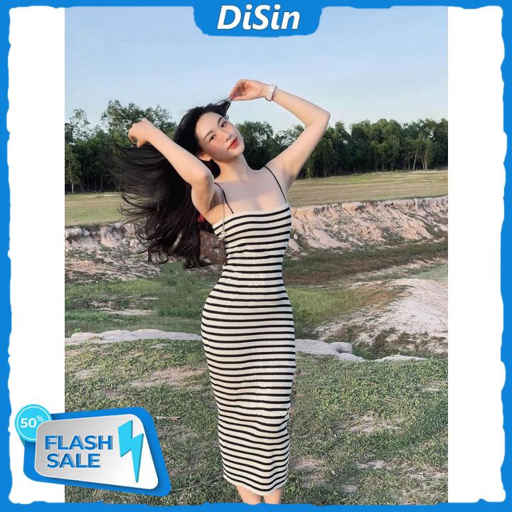 Đầm thun 2 dây ôm body kẻ sọc ngang trắng đen