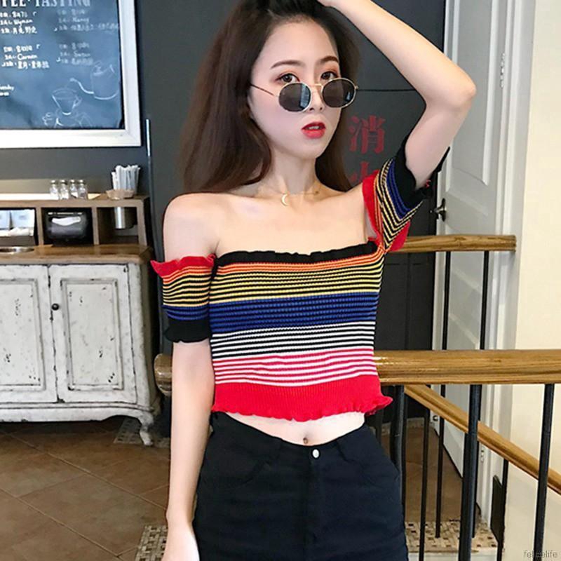 Áo Croptop dệt kim tay ngắn thiết kế trễ vai quyến rũ