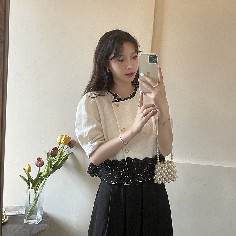 Áo croptop NZN tay ngắn phối ren hoa phong cách Hàn Quốc hợp thời trang (2 màu lựa chọn)