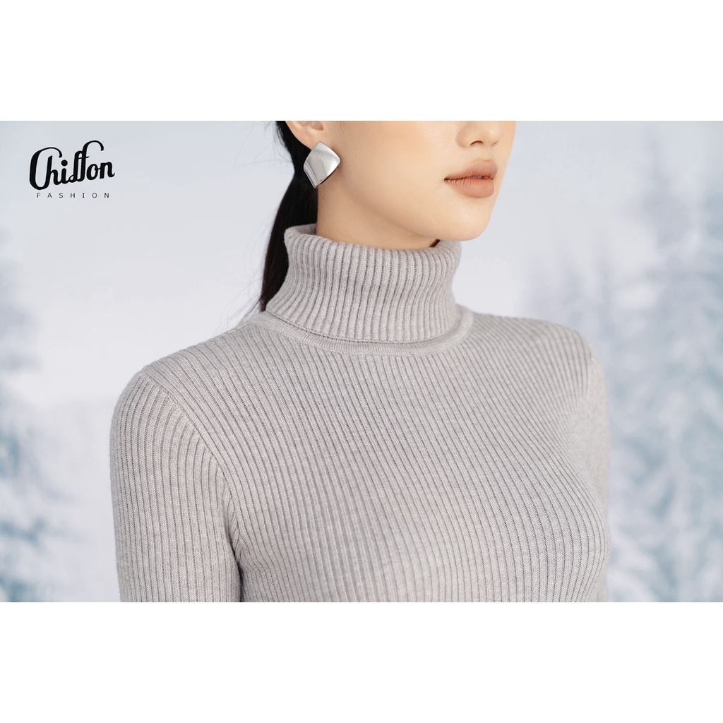 Váy len dáng dài cổ lọ xẻ 1 bên thiết kế Chiffon. Đầm len dài tay cổ cao | BigBuy360 - bigbuy360.vn