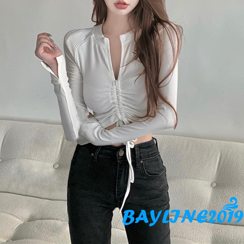 Áo thun lửng dài tay cổ tròn thời trang nữ tính