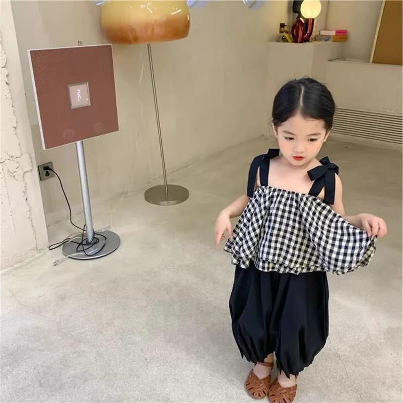 Sét Caro 2 dây   đỏ -đen  quần  thụng dài  - bộ quần áo trẻ em xinh xắn