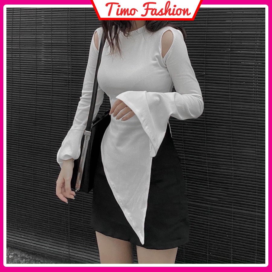 Áo Croptop Nữ Dài Tay Vạt Chéo, Áo Kiểu Nữ Hàn Quốc Khoét Vai Ôm Body Sexy, Quyến Rũ Vạt Nhọn Xẻ Tà Siêu Ao012