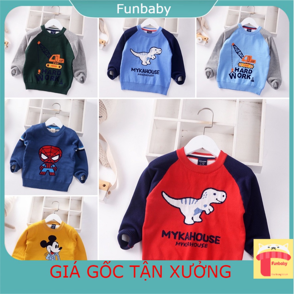 Áo len cho bé trai dài tay 3-9 tuổi 2 lớp hình ngộ nghĩnh đáng yêu, Áo len trẻ em nam hàng Quảng Châu đanh sợi