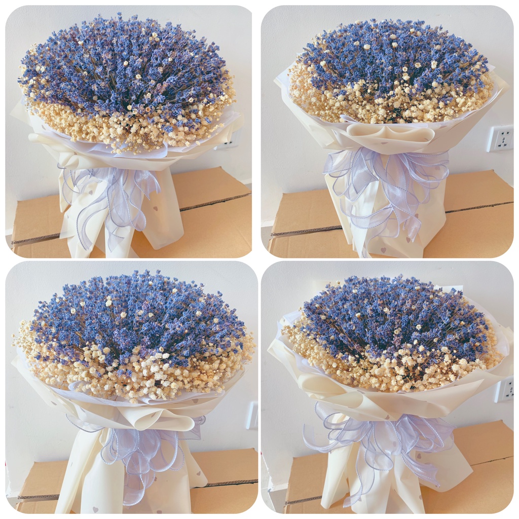Quà tặng bó hoa Lavender tròn kết hợp snowy và baby trắng cực xinh xắn