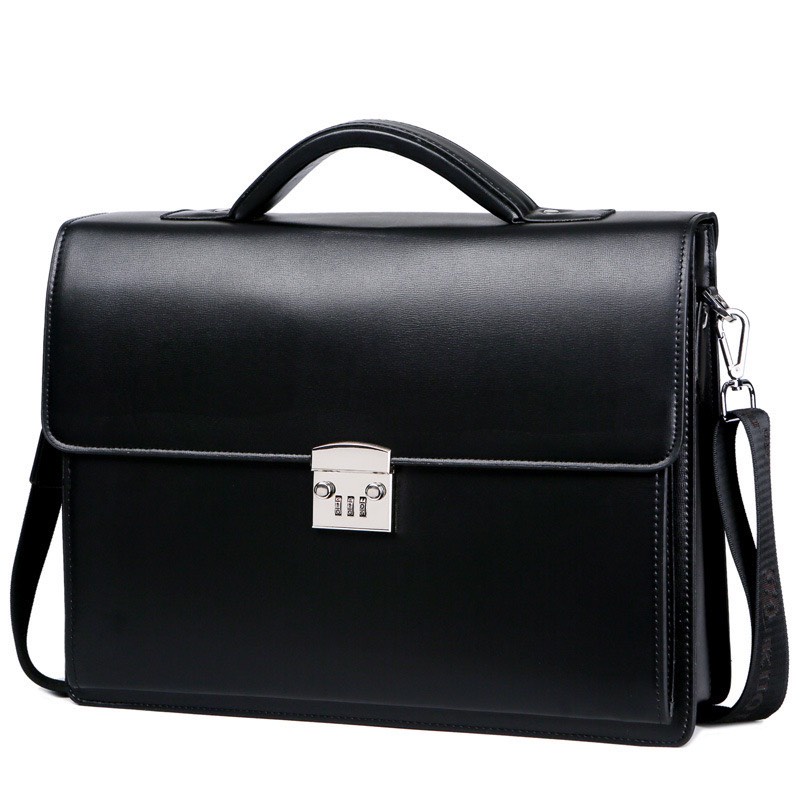 Túi xách cặp da bò công sở T23 khóa số 39x30x10cm đựng laptop 14inch (Nâu-Đen) | BigBuy360 - bigbuy360.vn