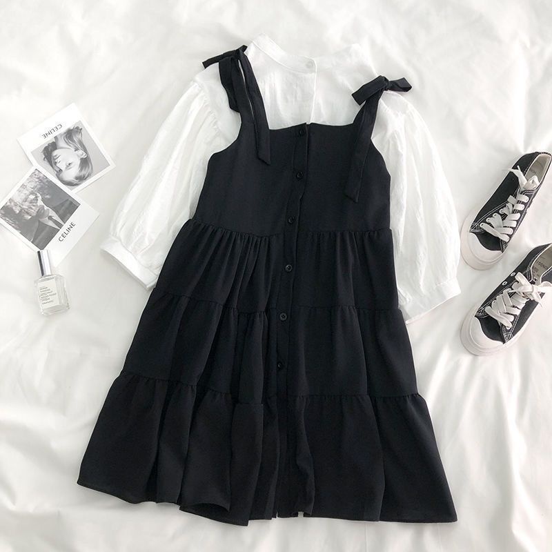 Váy Cho Bé Gái | Set Áo Sơ Mi Tay Ngắn Phồng Cổ Tròn + Chân Váy Ngắn Thời Trang Cho Bé Gái 10-12 - 14-18 Tuổi ，Váy 2 Dây，chân váy đen