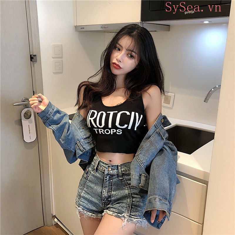 Áo Ba Lỗ Cộc Tay Dáng Ôm Hở Eo Quyến Rũ Họa Tiết Chữ Thời Trang Mùa Hè Kiểu Hàn Dành Cho Nữ Sinh