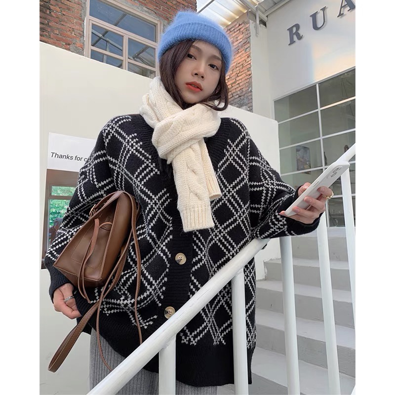 Áo cadigan kẻ chéo đen Forgirl dáng xuông tay lỡ