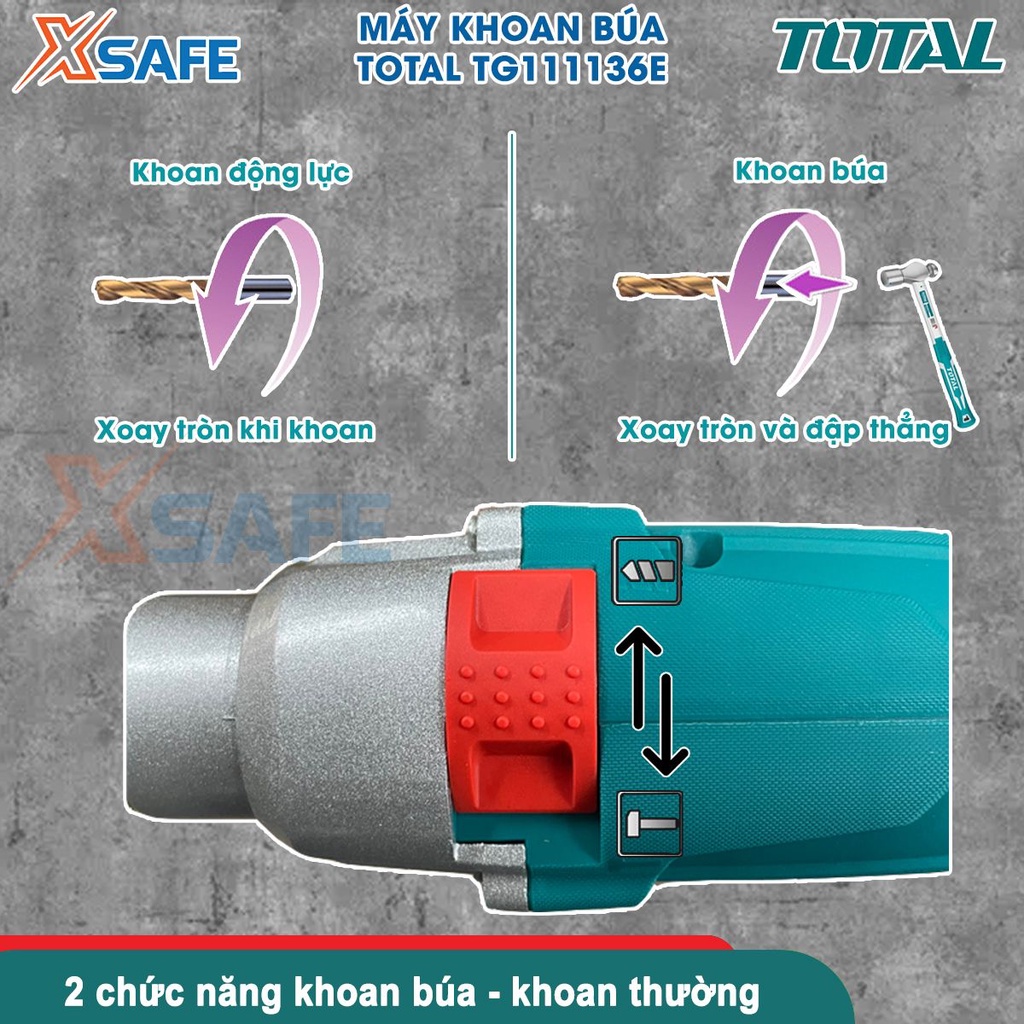 Máy khoan cầm tay TOTAL TG111136E dùng điện, công suất 1010W, 2 chức năng khoan động lực và búa,  có công tắc đảo chiều