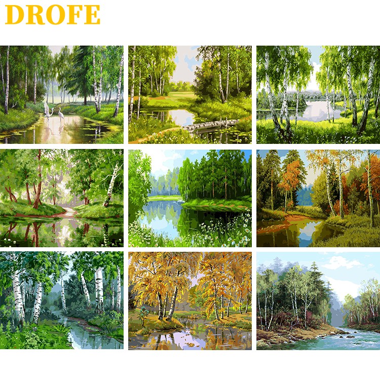 Tranh sơn dầu tô số hóa DROFE họa tiết phong cảnh/ bộ sưu tập rừng xanh nhiều mẫu nghệ thuật 40x50cm