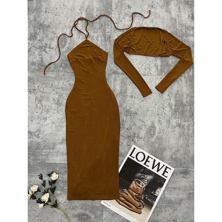 Set Đầm Body Kèm Áo Khoác Yếm Cột