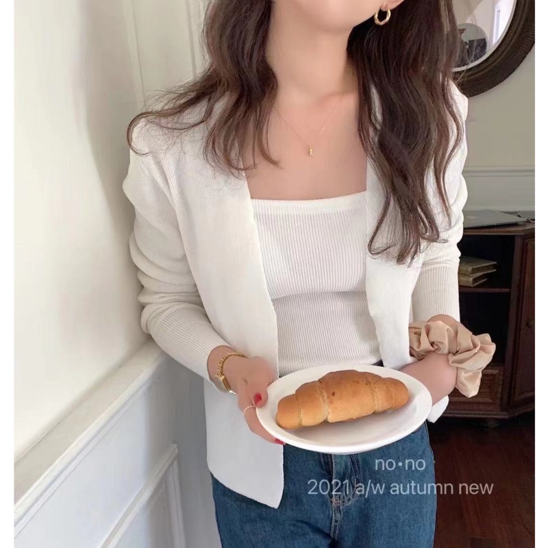 Set Áo Cardigan Tay Dài Kẻ Sọc + Áo Hai Dây Ngắn Phong Cách Hàn Quốc Thời Trang Mùa Thu Mới Cho Nữ