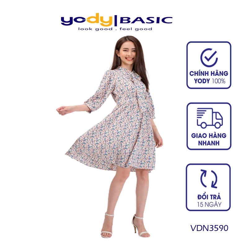 Đầm Yody Hoa Cổ Nơ Chân Xòe Nhún Điệu Đà Nữ Tính - VDN3590