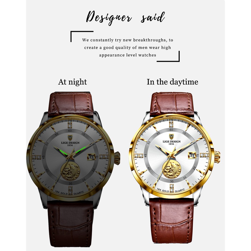 Đồng hồ thạch anh mặt số siêu mỏng 7mm LIGE 2021 có lịch dây da chống nước + Hộp dành cho nam | BigBuy360 - bigbuy360.vn