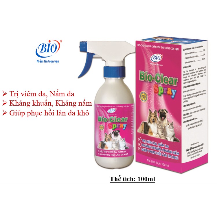 BIO-CLEAR SPRAY CHAI 100ML. CHÓ MÈO VIÊM DA, NẤM DA