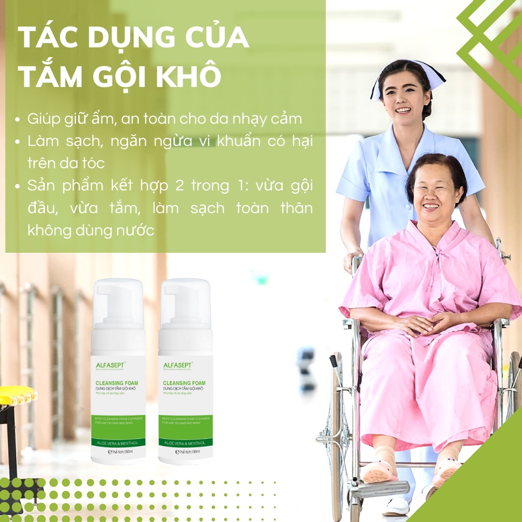 Dung dịch tắm gội khô Alfasept Cleansing Foam 2in1 không cần dùng nước, cho mẹ sau sinh, bệnh nhân chai 150ml