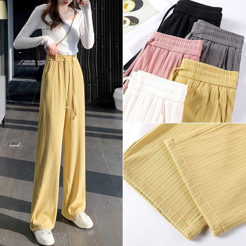 Jiashucheng Quần Dài Lưng Cao Ống Rộng Dáng Suông Vải Mỏng Phối Dây Rút Cá Tính Cho Nữ