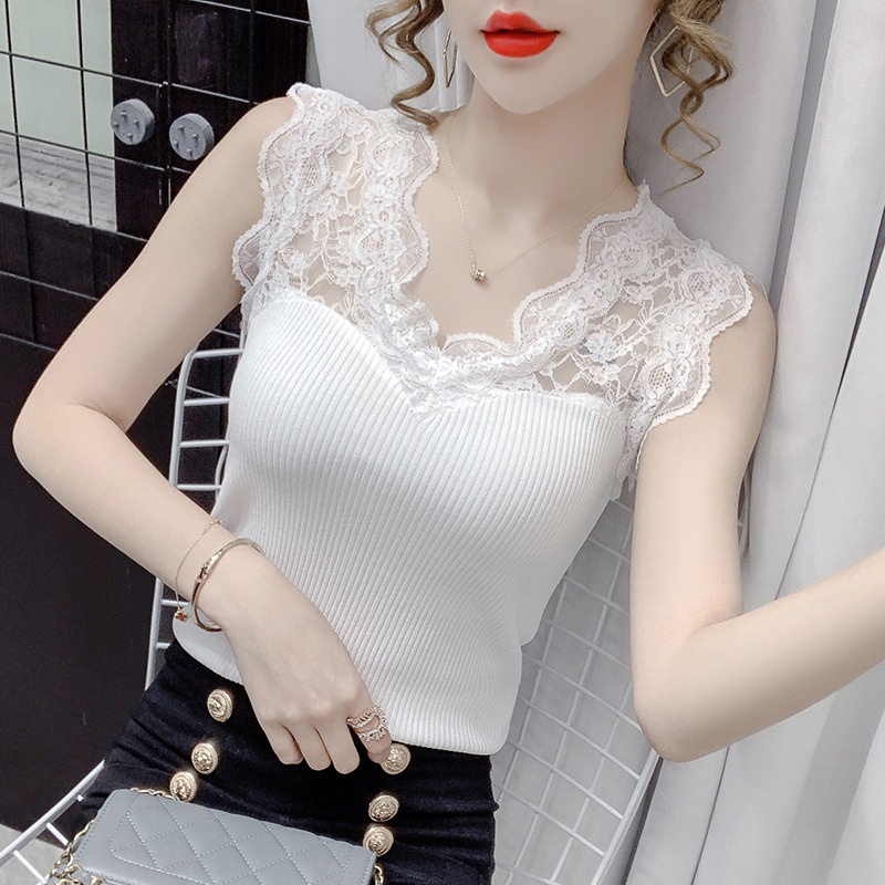 Áo Dệt Kim Sát Nách Cổ Chữ V Phối Ren Quyến Rũ Hợp Thời Trang