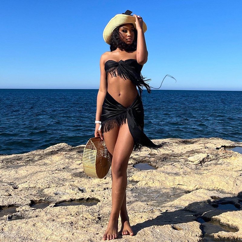 Set Áo Ống Màu Trơn Phối Tua Rua + Chân Váy Phong Cách Mùa Hè Mới