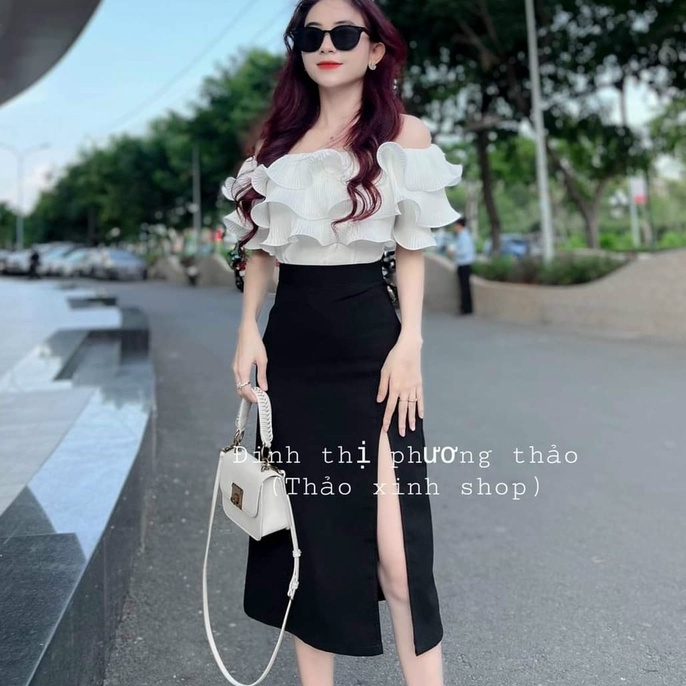 Set áo trễ vai xếp ly bèo kèm chân váy xẻ tà phong cách tiểu thư công sở sang chảnh đầm váy nữ đi chơi dự tiệc