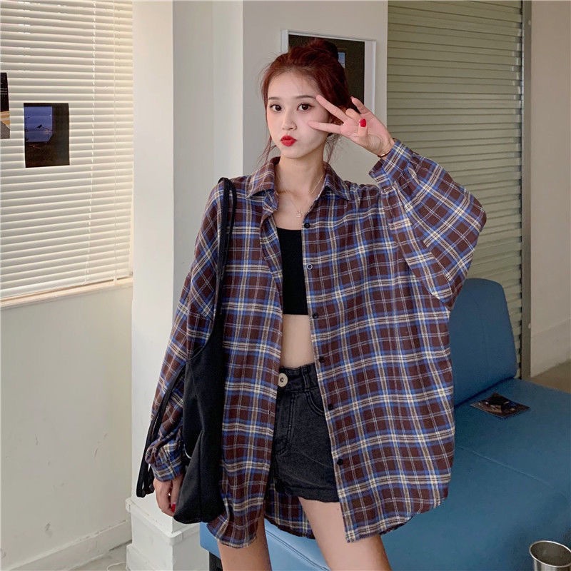 Áo sơ mi tay dài họa tiết kẻ sọc ca rô thời trang Hàn Quốc cho nữ