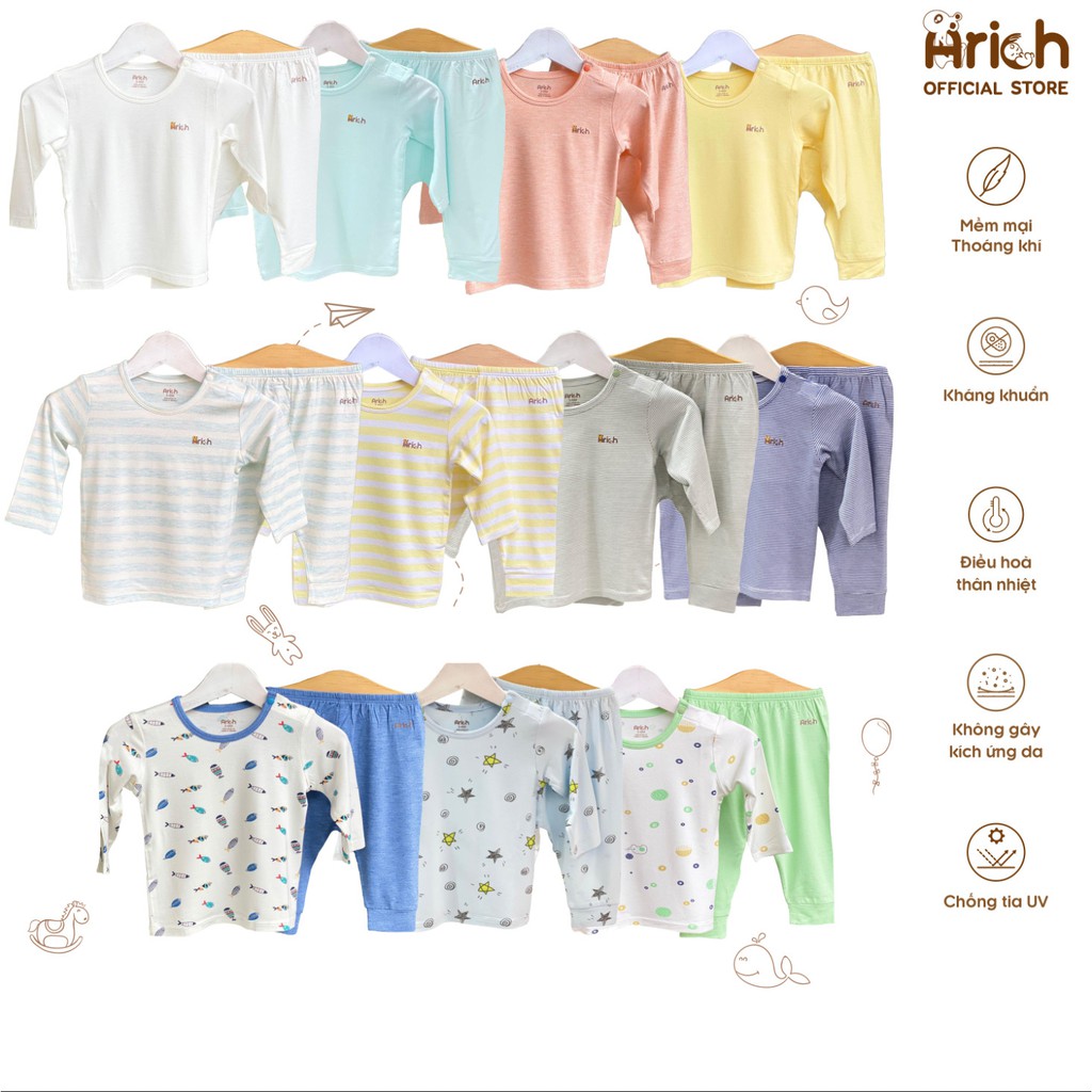 Bộ quần áo dài cài vai trơn vải sợi tre Aich cho bé (3 tháng đến 4 tuổi)