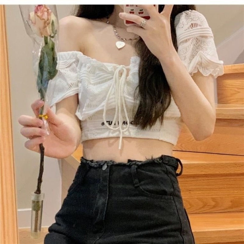 Đầm Ngắn Tay Phồng Cổ Vuông Eo Cao Phối Ren Thời Trang Mùa Hè Cho Nữ