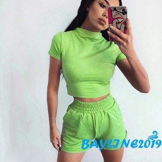 ❀Bộ đồ 2 món May-Nữ, Áo Crop top ngắn tay cổ tròn màu trơn