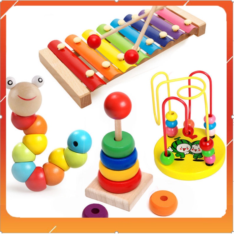 Combo 4 đồ chơi gỗ thông minh phát triển trí não cho bé - đàn gỗ, sâu, luồn hạt, tháp gỗ cho bé phát triển vượt trội
