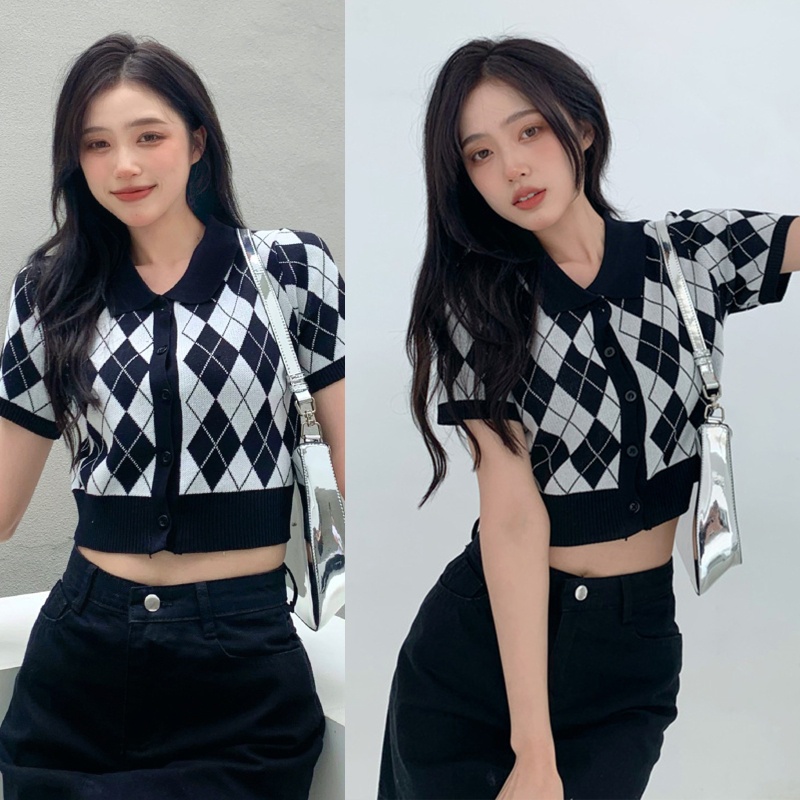 Áo Croptop Dệt Kim Tay Ngắn Thời Trang Mùa Hè Xinh Xắn Cho Nữ