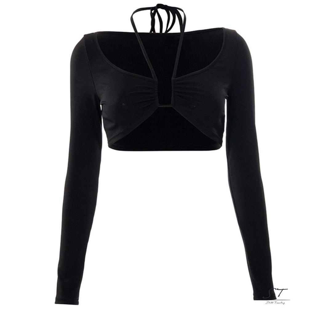 Áo Lửng Tay Dài Màu Trơn Thiết Kế Khoét Lỗ Hở Rốn Thời Trang Dành Cho Nữ