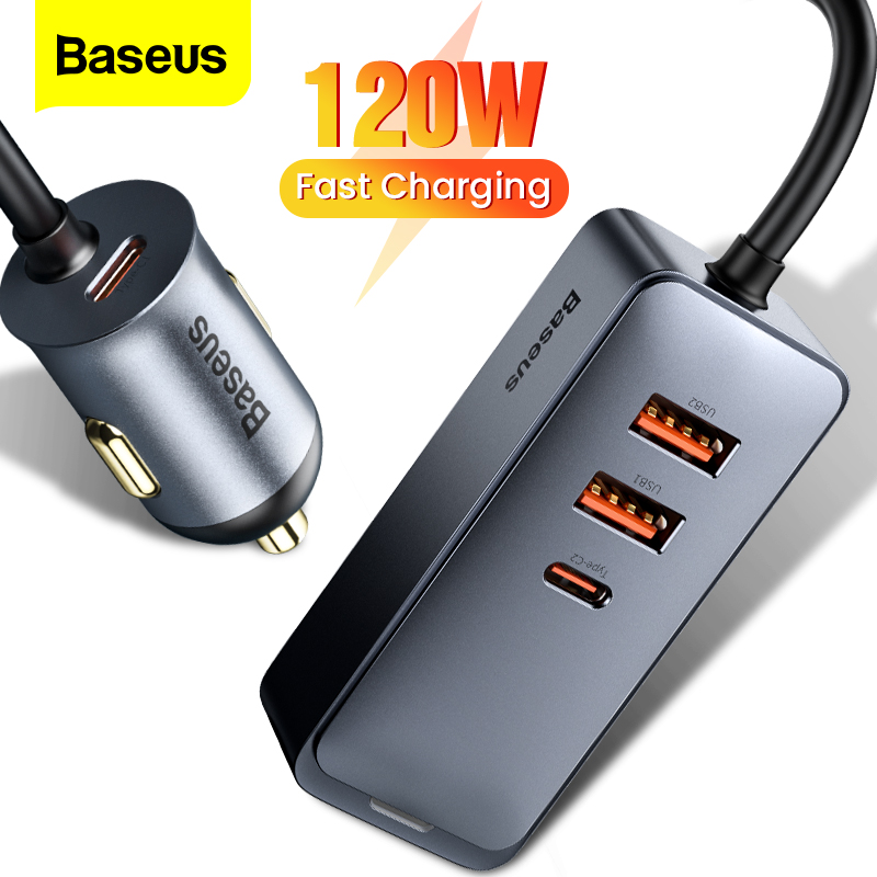 Baseus 4 Port 120W USB Car Charger Quick Charge PPS Fast Charging PD 20W Type C For iPhone