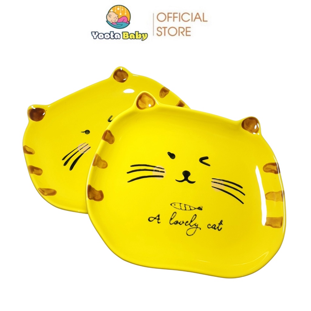 Bộ Bát Đĩa Ăn Dặm Cho Bé Hình Mèo Vàng Kiểu Nhật Chất Liệu Gốm Sứ Cao Cấp YOOTA BABY