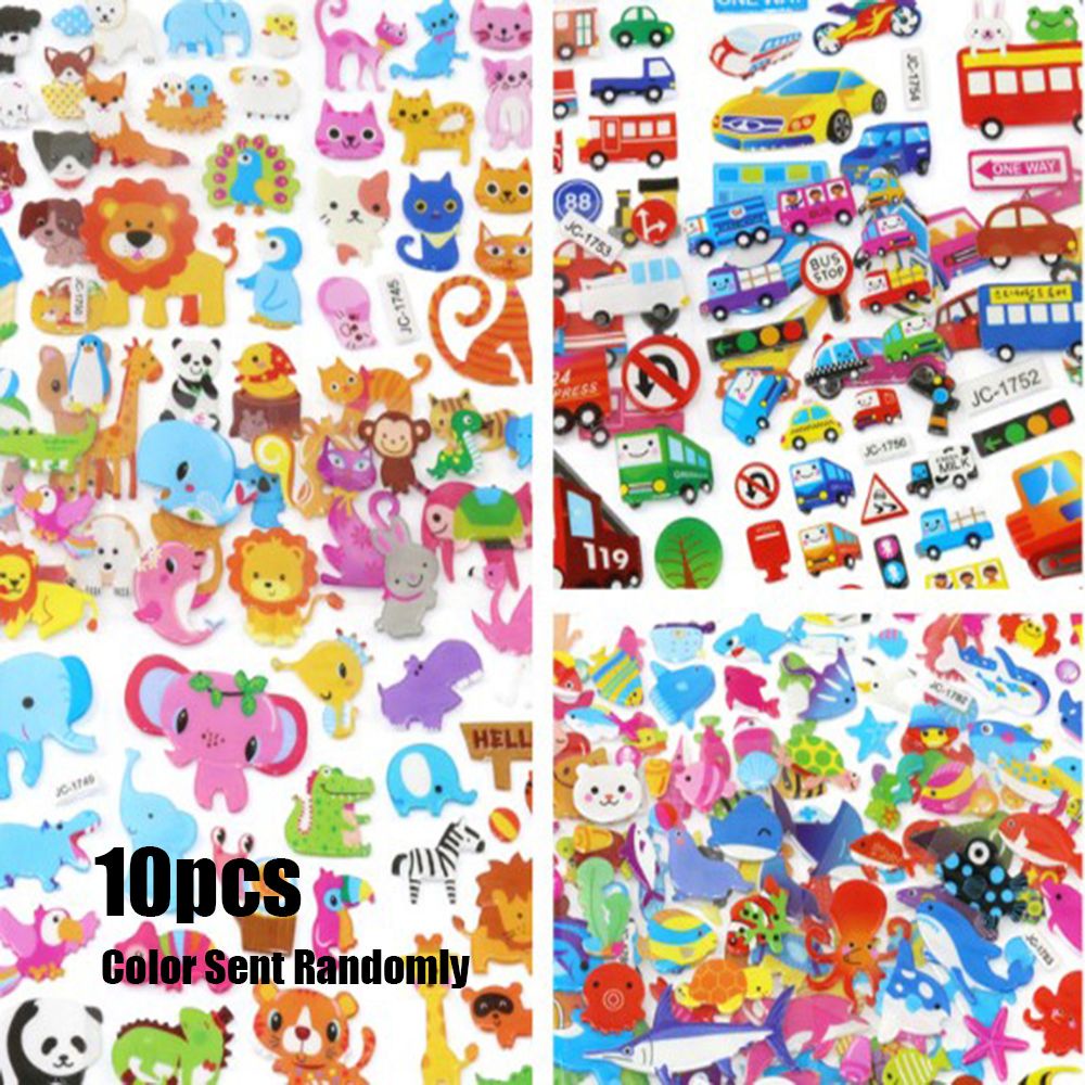 Bộ 10 tấm hình dán hoạt hình 3D màu sắc ngẫu nhiên trang trí sổ tay cho bé