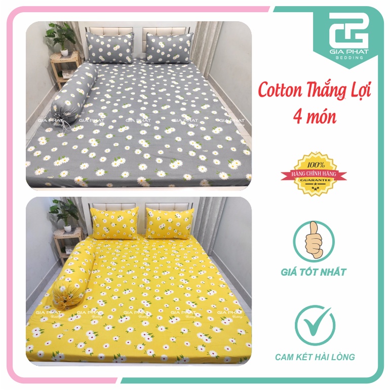 Bộ ga gối Thắng Lợi {4 món}100% Cotton chuẩn logo họa tiết Bông Cúc