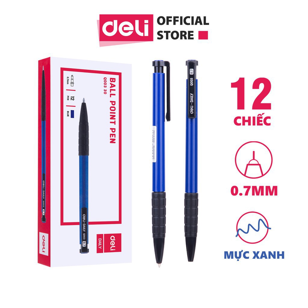 Bút bi bấm Deli - 0.7mm - Xanh dương - 12 cây/hộp - EQ00330