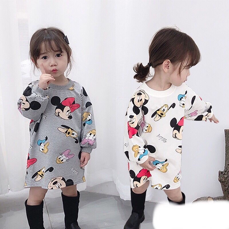 Đầm Thun Cotton Tay Dài In Hình Chuột Mickey Hoạt Hình Thời Trang Xuân Thu Cho Bé Gái