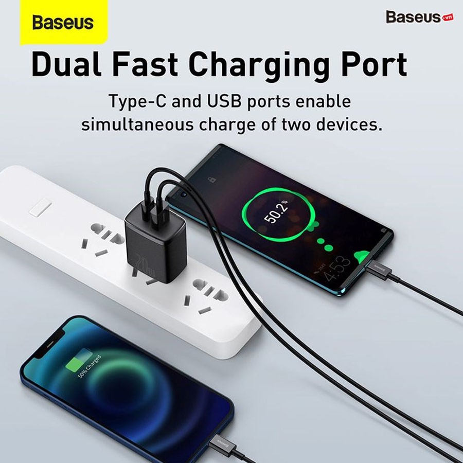 Củ sạc nhanh PD 20W Baseus Compact Quick Charger 2 cổng ( USB + Type C Dual Port, QC 3.0, chân cắm US ) nhỏ gọn