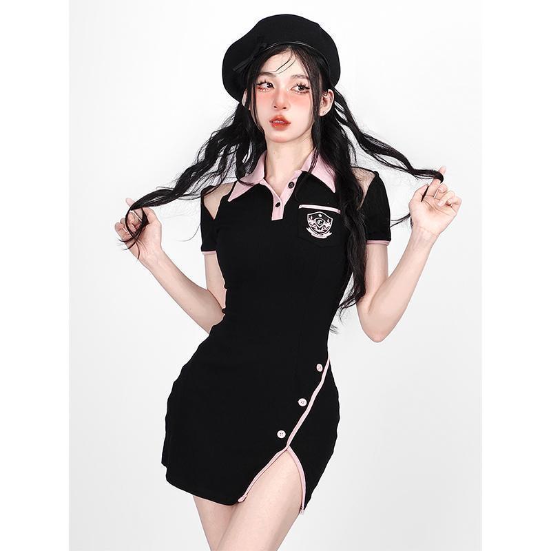 COZOK Đầm Tay Ngắn Cổ polo Ôm Eo Thời Trang