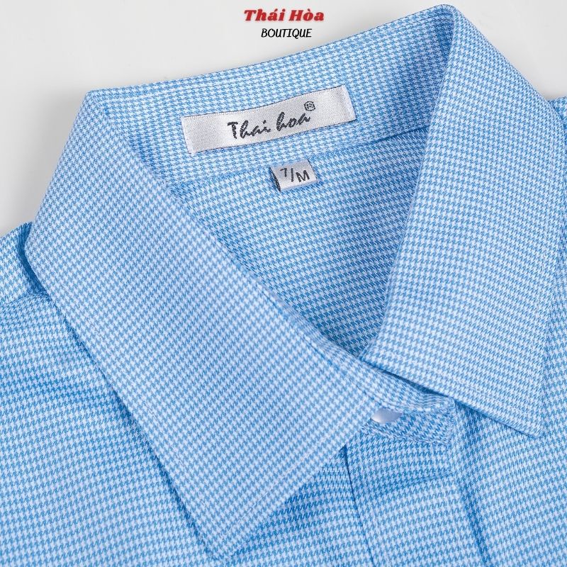 Áo sơ mi nữ công sở ngắn tay đẹp kiểu kẻ caro xanh dương đậm cotton Thái Hoà N65-15-01