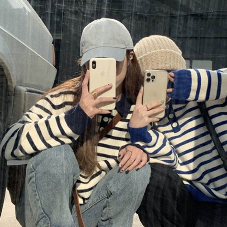 Áo len cổ bẻ kẻ sọc phong cách Hàn Quốc cho nữ