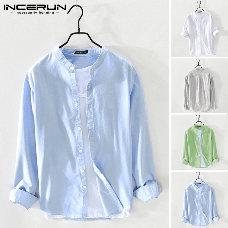Áo sơ mi INCERUN tay dài màu trơn dáng rộng vải cotton thoải mái thời trang cho nam | BigBuy360 - bigbuy360.vn