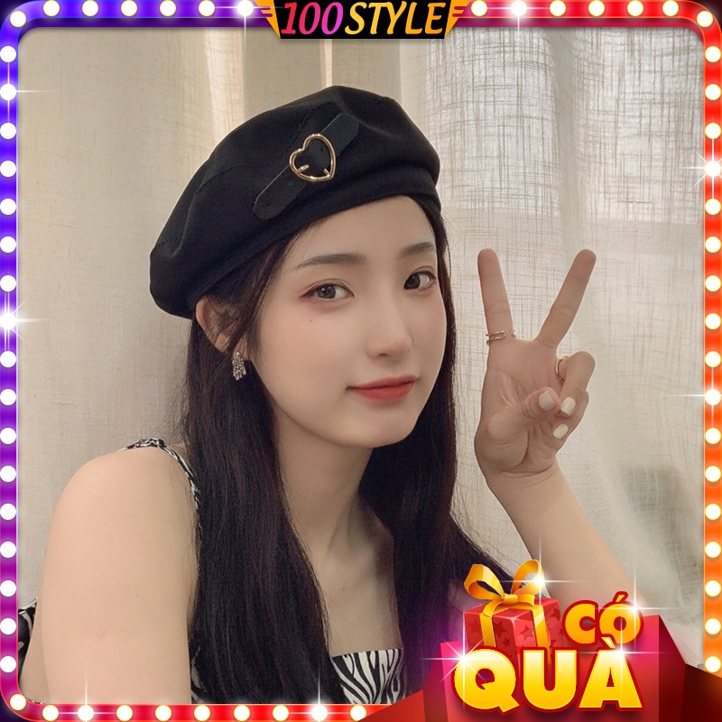Nón Nồi Mũ Hoạ Sĩ Phối Khuy Trái Tim Khoá Cài Kiểu Hàn