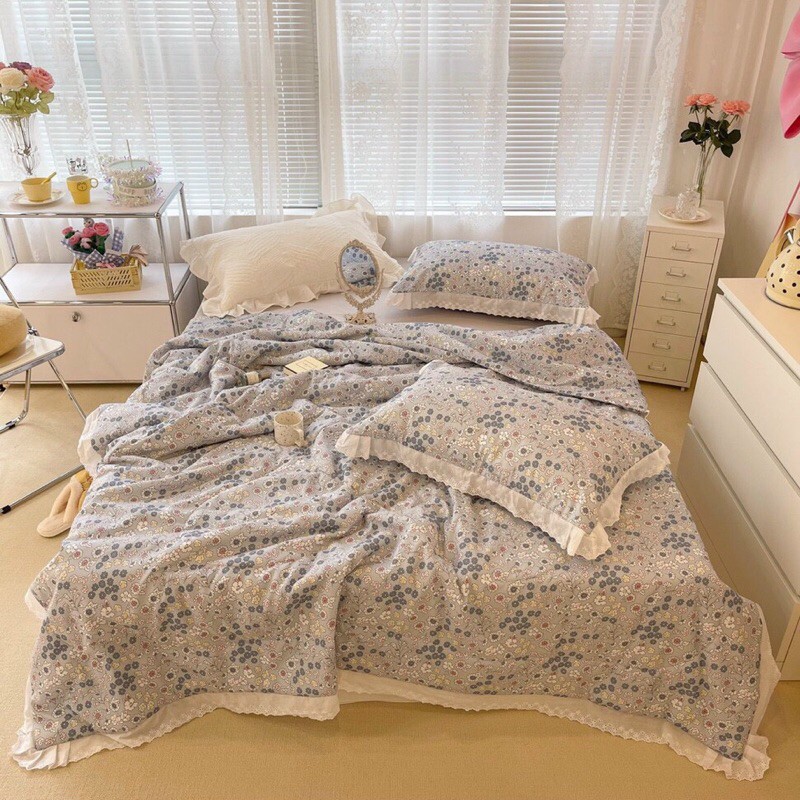 Bộ chăn ga gối cotton đũi bạc hà, chăn trần hè thu mềm mịn mát có mùi hương bạc hà