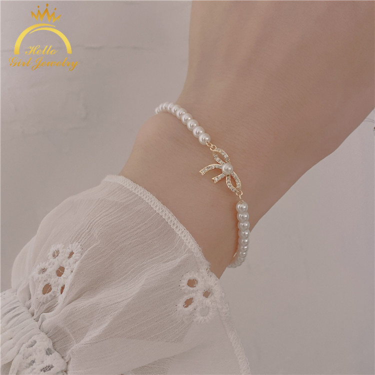 Vòng Tay Đính Đá Zircon Ngọc Trai Hình Nơ Xinh Xắn Cho Nữ