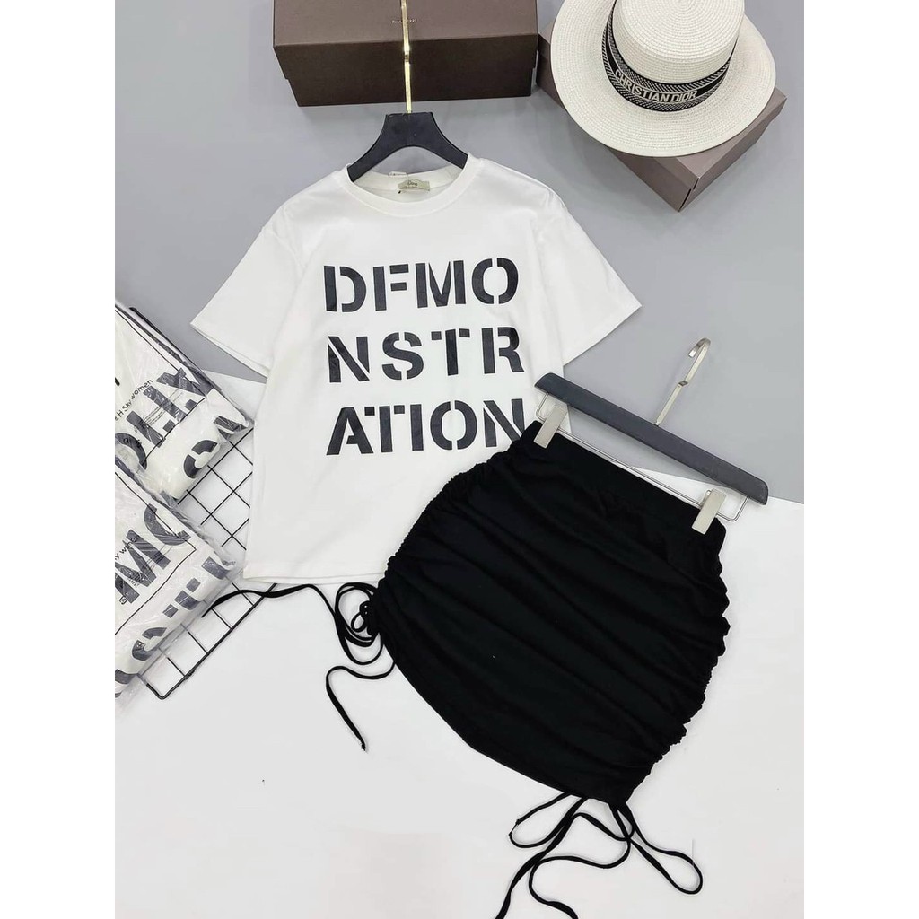 Set Bộ Áo Phông In Chữ Và Chân Váy Ôm Rút Dây Hai Bên Thời Trang Nữ Rose Fashion