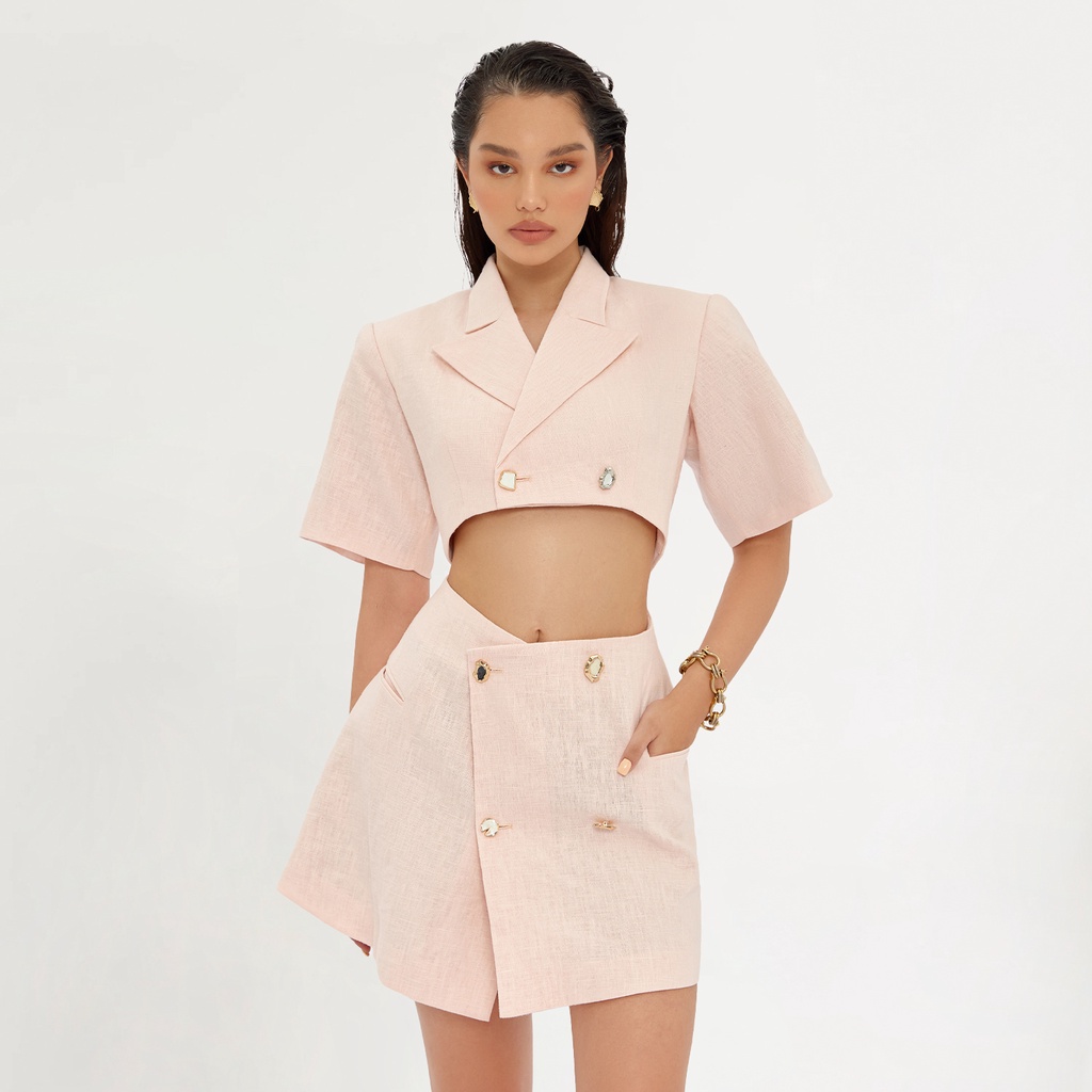 DEAR JOSÉ - Đầm ngắn cắt eo Doja vải linen hồng phấn