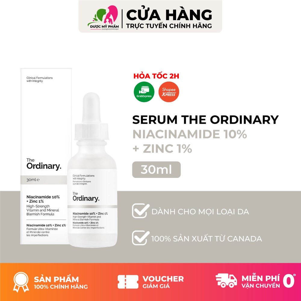 Serum ngừa mụn, sáng da, se khít Niacinamide 10% + Zinc 1% - The Ordinary 30ml